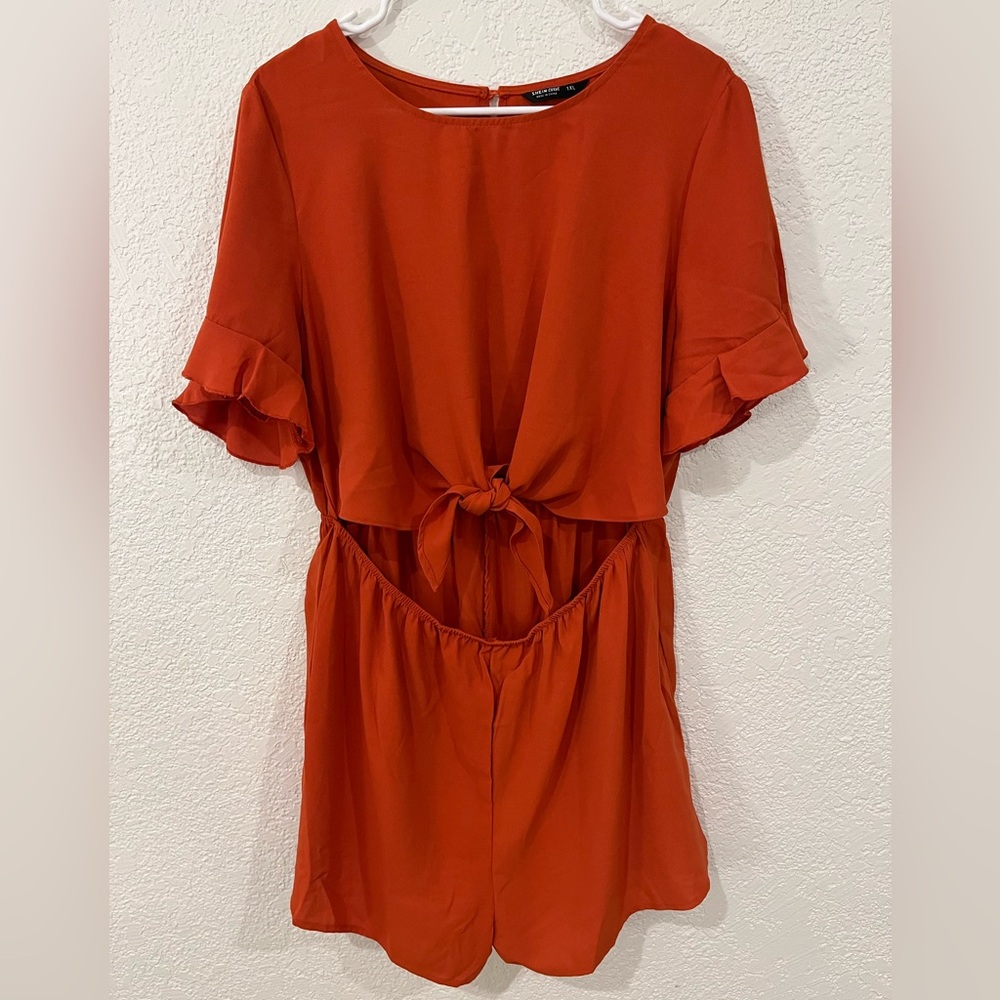 SHEIN Rust Orange Tie-Front Romper